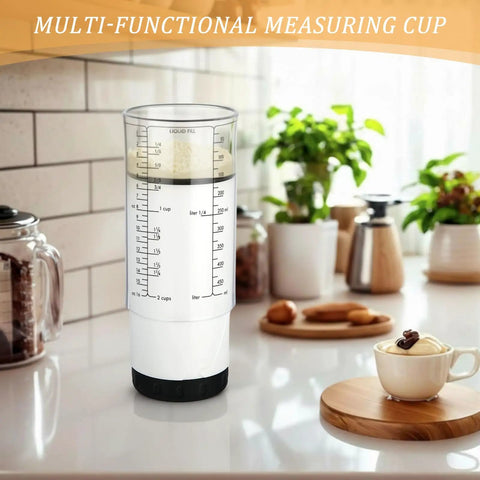 Adjustable Measuring Cup Set With 2 Cup Plastic Cups And 5 Stainless Steel Spoons For Precise Cooking And Baking No Fuss Kitchen Kit Built Like A Pro With Dual Material Design And Easy Pour, clear 2-cup measuring cup on kitchen counter