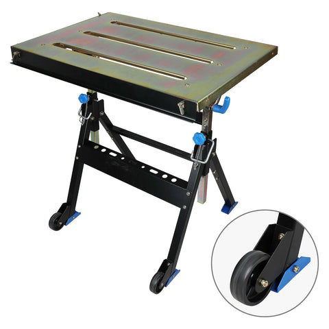 Adjustable Welding Table With Wheels Portable Steel Workbench 30 Inch By 20 Inch Tilting Top with zinc plated surface and wheels