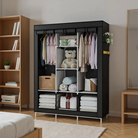 Dope Space Saver Portable Wardrobe Closet Organizer With Non Woven Fabric Cover, displayed with clothes and items organized.