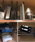 Cabinet with Two Piece Adjustable Window Security Bar for Sliding Glass Doors and Windows showing multiple uses and storage options.