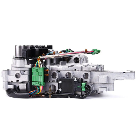 Solid Grip CVT Transmission Valve Body Featuring Knockout JF011E RE0F10A Replacement close-up with stepper motor and connections.