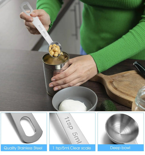 Person using Three Piece Stainless Steel Measuring Spoons Set For 1 Teaspoon 5ml Precise Cooking And Baking No Guesswork For Spices