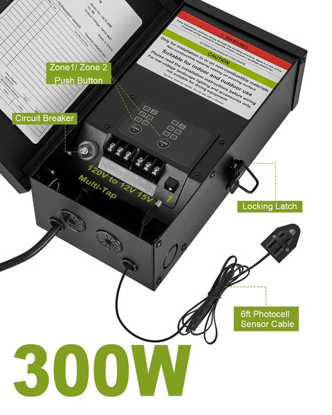 Dual Output 300W Low Voltage Landscape Transformer with zones push button and photocell sensor cable