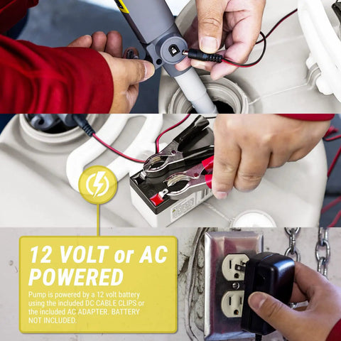 Telescopic Electric Liquid Transfer Pump With Flow Control Nozzle Delivers Up To 2.9 Gallons Per Minute Great For Gas, Diesel And Watering Tasks Dual Trigger Positions For Precise Control And Easy Use, 12V or AC powered with battery clips and adapter