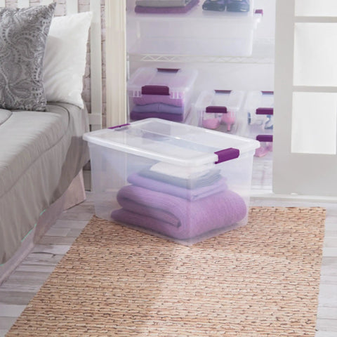 Clear View Stackable Storage Totes With Snappy Latching Lids Heavy Duty Plastic Bins For Closets Bedrooms And Attics Roomy Carriers To Store Clothes Blankets And Everyday Gear 24 Pack Set