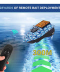 RC Fishing Bait Boat With Precision Long-Range Delivery sailing with remote control, showing 328 Yard Range on water.