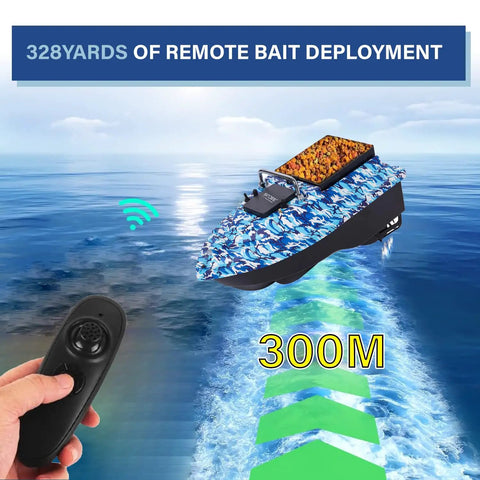 RC Fishing Bait Boat With Precision Long-Range Delivery sailing with remote control, showing 328 Yard Range on water.
