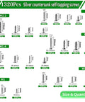 Flat Head Self Tapping Screws Kit With 1320 Pieces In 304 Stainless Steel M1 To 2.2 Sizes shown in size chart