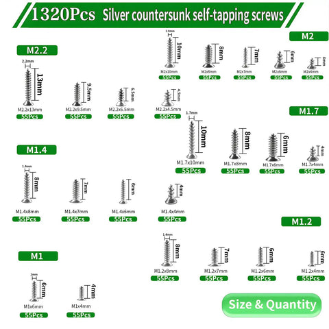 Flat Head Self Tapping Screws Kit With 1320 Pieces In 304 Stainless Steel M1 To 2.2 Sizes shown in size chart