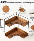 Super Sleek 2 Tier Wooden Corner Shelf For Bathroom Counter And Vanity showcasing natural wood design and premium metal brackets.