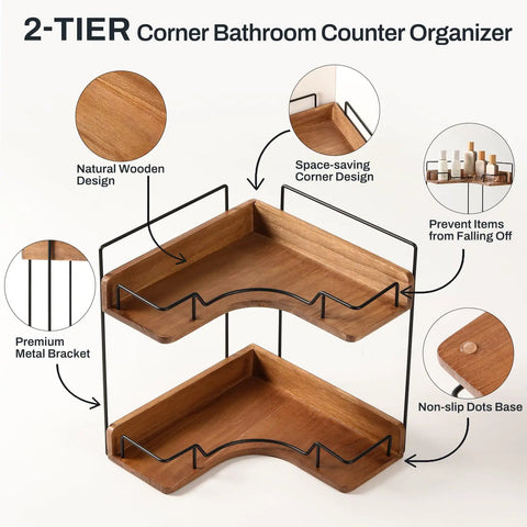 Super Sleek 2 Tier Wooden Corner Shelf For Bathroom Counter And Vanity showcasing natural wood design and premium metal brackets.