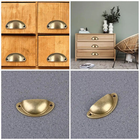 Vintage Wardrobe Handles And Drawer Pulls Antique Brass Half Moon Cabinet Hardware on wooden drawers and close-up view