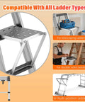 Heavy Duty Foldable Ladder Platform With Rock Solid Anti Slip Work Shelf Alloy Steel Step Attachment and Project Tray For Paint Gear Holds 400 Lbs Jobsite Ready, showing compatibility with various ladder types.