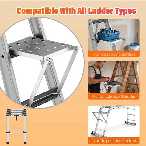 Heavy Duty Foldable Ladder Platform With Rock Solid Anti Slip Work Shelf Alloy Steel Step Attachment and Project Tray For Paint Gear Holds 400 Lbs Jobsite Ready, showing compatibility with various ladder types.