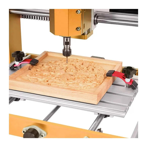 Two Pack Mini T Track Hold Down Clamp Set In Red Aluminum Double Groove Quick Lock Jigs securing wood on CNC engraving machine