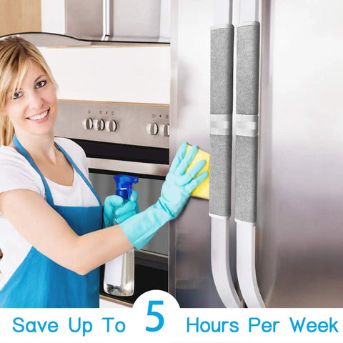 Woman cleaning fridge with 5 Piece Refrigerator Door Handle Covers Set For Fridge Stove Oven Microwave And Dishwasher Handles Gray