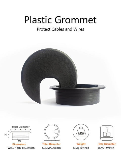 Black plastic desk wire grommet from Six Pack Desk Grommet Hole Saw Kit 50 Mm Bi-Metal With Drill Bit Hex Key Cable Sleeve.