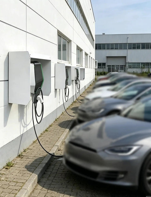 Heavy Duty EV Charger Shelter Outdoor Canopy For Plug In Cars Wall Mounted Galvanized Steel Roof on a building with EV chargers.