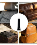 Leather Repair Cream For Furniture, Cars, Bags And Boots - Quick-Dry Liquid Pigment That Covers Scuffs, Fraying And Fading, Restores Texture Without Peeling, 20ml shown with car seat, sofa, suitcase, and backpack