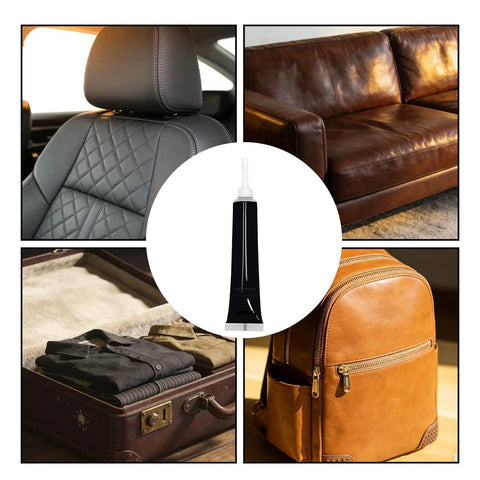Leather Repair Cream For Furniture, Cars, Bags And Boots - Quick-Dry Liquid Pigment That Covers Scuffs, Fraying And Fading, Restores Texture Without Peeling, 20ml shown with car seat, sofa, suitcase, and backpack