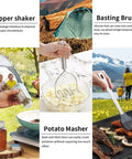 Collage showing 15 Piece Camping Kitchen Utensil Set For RVs Camping Backpacking And Travel Premium Outdoor Cooking Tools Must Have Gear Camper Gadgets And Picnic Essentials with pepper shaker, potato masher, and basting brush.