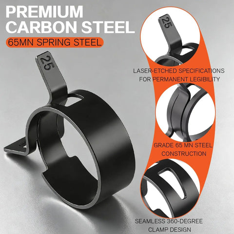 Close-up of a black 25mm spring band hose clamp from 352-Piece Spring Band Hose Clamp Kit For Automotive And DIYers, made of 65MN steel.