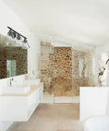 Bathroom with Three-Light Vanity Fixture in Oil Rubbed Bronze with Clear Glass Shades over mirror, complementing modern decor.