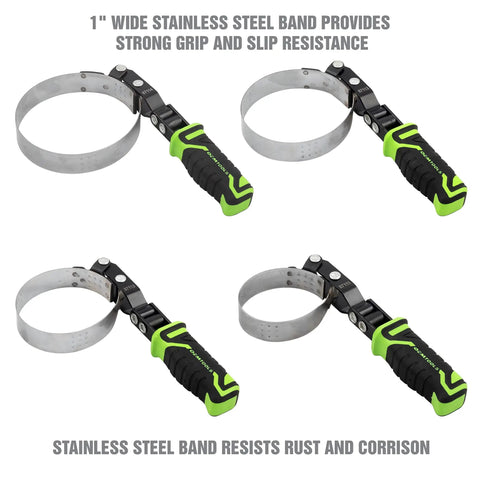 Four Piece Pro Grade Swivel Oil Filter Wrench Set With Adjustable Strap Wrenches for Mechanics, stainless band, green handles