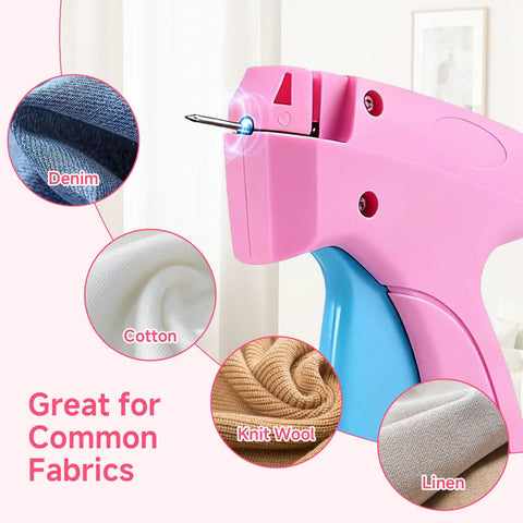No Sew Stitch Gun for Clothes with 2000 Fasteners and 6 Needles for mending denim, cotton, knit wool, and linen fabrics.