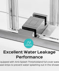 Close-up of frameless double sliding shower door with anti-splash threshold and waterproof seals, chrome finish, 10mm tempered glass.