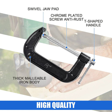 Eight Piece 4 Inch Heavy Duty C Clamps Set With Cast Iron Frame And Sliding T Handle 1125 Lb Clamp Force illustration
