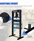 Heavy Duty Hydraulic Shop Press With Adjustable Benchtop Table And Solid H Frame Steel Construction features adjustable height and removable levers.