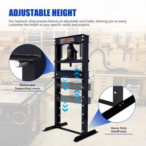 Heavy Duty Hydraulic Shop Press With Adjustable Benchtop Table And Solid H Frame Steel Construction features adjustable height and removable levers.