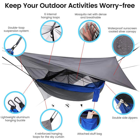 Go To Camping Hammock With Mosquito Net And Rain Fly Portable Nylon Hammock Tent With Tree Straps And Storage Bag in use