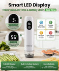 Compact Food Vacuum Sealer with LED Display and Liquid Drainage Tube on kitchen counter sealing asparagus and salmon