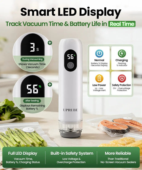 Compact Food Vacuum Sealer with LED Display and Liquid Drainage Tube on kitchen counter sealing asparagus and salmon