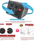 1000W Auto Voltage Converter Transformer 110-120V To 220-240V With Soft Start, Full Load, 4 Outlets, circuit breaker, diagram