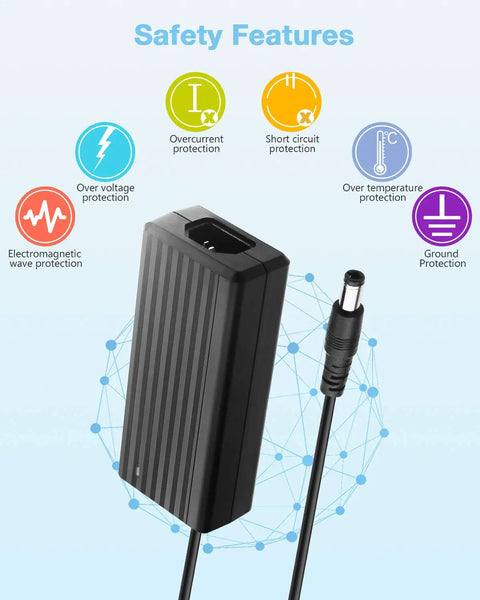 Beefy 5V 10A 50W LED Power Supply Adapter with safety icons showcasing overload, overheat, short-circuit protections.