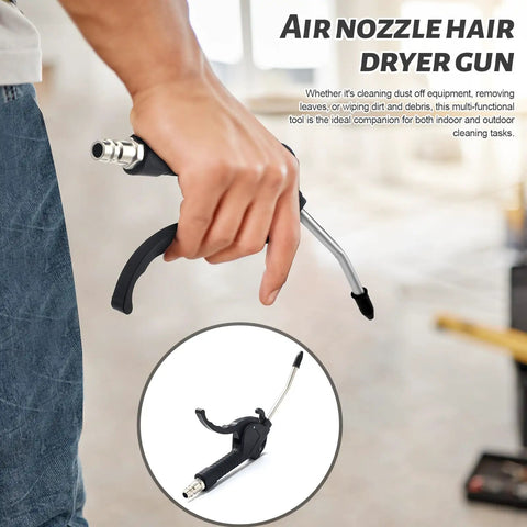Heavy Duty 4 Piece Air Blow Gun Kit With Angled Aluminum Nozzles And Slick Pistol Grip, shown in hand for efficient cleaning.