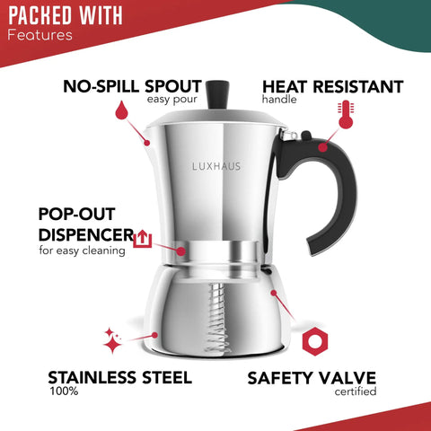 Stainless Steel Moka Pot, 6 Cup Espresso Maker For Gas, Electric Or Induction Stoves, 12oz Brew, Durable Italian Cuban Style Mocha Coffee