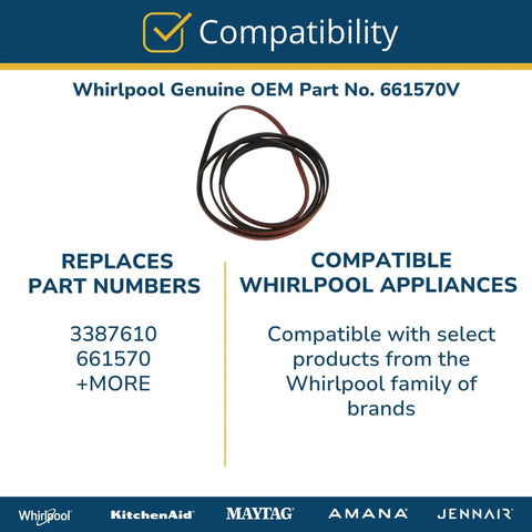 OEM Dryer Drum Belt Replacement 6 By 7 By 1 Inch Black Durable Genuine OEM Part For Smooth Tumble Drying Easy Install Works Like A Champ Fits Most Domestic Dryers High Quality Belt For Long Lasting Performance compatible Whirlpool OEM belt