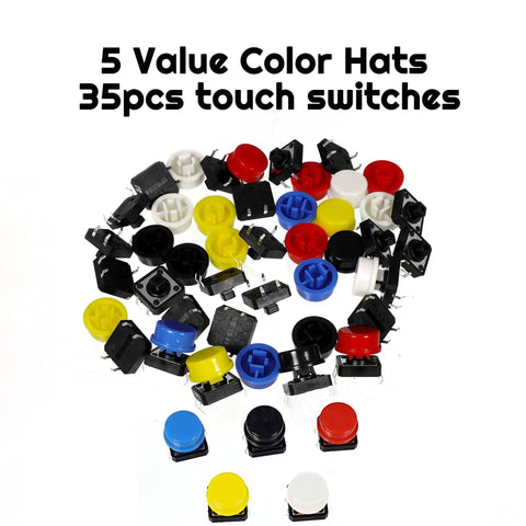 Dope 70 Piece 12x12x7.3mm Tactile Button Switch Kit with 4 Pin PCB Micro Switches and Caps, 5 color circular cap set visible