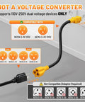 Outdoor 12 Inch 15 Amp To 20 Amp T Blade Extension Cable Waterproof 12AWG SJTW with NEMA compatibility indicators.