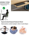 Under Desk Keyboard Tray Pull Out Drawer With Buttery Smooth Glide Rails Height Adjustable ergonomic typing station with keyboard and mouse.