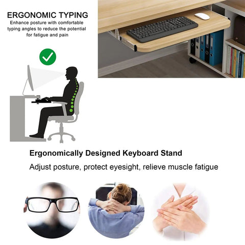 Under Desk Keyboard Tray Pull Out Drawer With Buttery Smooth Glide Rails Height Adjustable ergonomic typing station with keyboard and mouse.