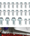 Oil Pan Bolt Kit For Chevy SBC And Ford SBF V8 Engines, 22-piece set with bolts and engine assembly visible