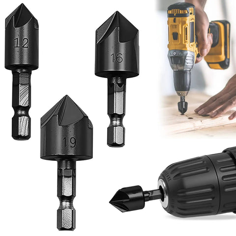Five Flute Countersink Drill Bit Set For Wood And Plastic, showing drill bit sizes 12-19mm and application in power drill.