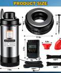 Floating Pond Fountain Aerator 1HP 15000 GPH With Timer and 100 Ft Power Cord, components and dimensions displayed.