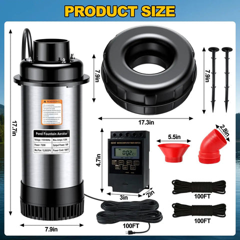 Floating Pond Fountain Aerator 1HP 15000 GPH With Timer and 100 Ft Power Cord, components and dimensions displayed.