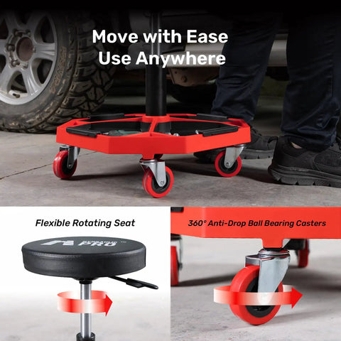 Built Tough Rolling Mechanic Stool With A Hefty 300 Lbs Rating, Adjustable Height Setup For Garage Shop Work, Swivels Slick On Floors, And Comes Loaded With Dual Tool Trays For Easy Access During Any Job